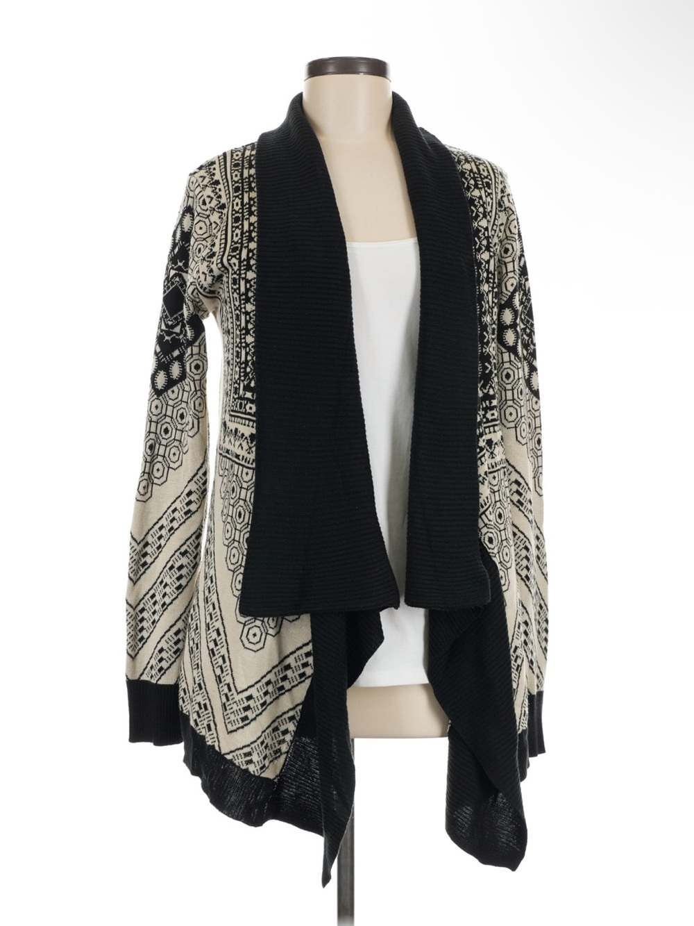 Urban Outfitters Black and Cream Geometric Open-Front Cardigan